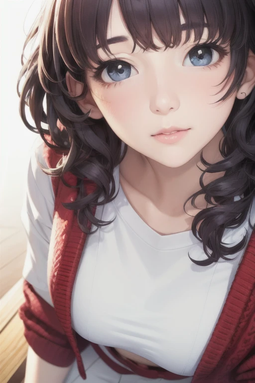 girl,Character design sheet,Beautiful attention to detail,Beautiful lip detail,Very detailed目と顔,Long eyelashes,Realistic,photoRealistic:1.37,Very detailed,Professional,Vibrant colors,Portraiture,Studio Lighting,Sharp focus,Physically Based Rendering,High resolution,超High resolution. blue eyes,Big eyes， Long Hair，Curly hair、Black Hair，Red cheeks，Droopy eyes，Large Breasts，Jacket，Red cardigan，White T-shirt，Small waist，White long skirt，