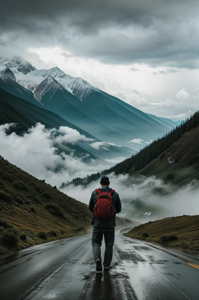 picture of a man travelling to mountains in rain