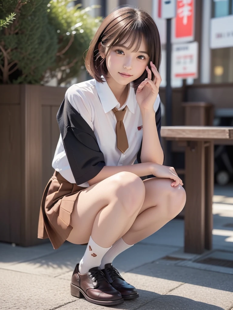 in 8K,top-quality,Real Image,intricate detailes,超A high resolution,Depth Field,masuter piece,natural soft light,profetional lighting,1 girl in,(cute little:1.2),an extremely beautiful 27-year-old girl masturbating, A detailed eye,((Brown-eyed)),(Brown hair),(short-haired),(bangss),flawless skin,shinny skin,fair white skin,Fine skin,large full breasts,((perfect anatomia,nice hand,perfect hand,Five fingers connected to the palm of the hand,accurate hands without incongruity)),Perfect raw legs,delicate legs,perfectly proportions,A sexy,Chest visible,((Japan uniform)),((School Uniforms mini Skirt)),(neck tie),Black socks,Chano Leather Shoes,Squatting deep in the city,The crotch is visible,Show me your panties around town,both legs are bent,The legs are spread in an M shape,,I can see pussy visible from the front