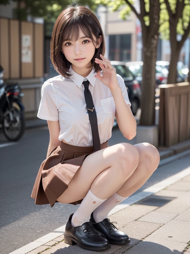 in 8K,top-quality,Real Image,intricate detailes,超A high resolution,Depth Field,masuter piece,natural soft light,profetional lighting,1 girl in,(cute little:1.2),an extremely beautiful 17-year-old girl,A detailed eye,((Brown-eyed)),(Brown hair),(short-haired),(bangslawless skin,shinny skin,fair white skin,Fine skin,large full breasts,((perfect anatomia,nice hand,perfect hand,Five fingers connected to the palm of the hand,accurate hands without incongruity)),Perfect raw legs,delicate legs,perfectly proportions,A sexy,Chest visible,((Japan uniform)),((School Uniforms mini Skirt)),(neck tie),Black socks,Chano Leather Shoes,Squatting deep in the city,The crotch visible,Show me your panties around town,both legs are bent,The legs are spread in an M shape,,I can see panties,Delicate thighs visible from the front