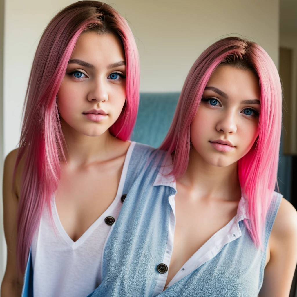 A photorealistic portrait of an 18-year-old Russian girles confidently into the distance with striking pink hair, piercing blue eyes, and a, fashionable outfit. The image should be a close-up shot, focusing on her unique features, 8k hdr, high detailed, with subtle hints of her Brazilian heritage incorporated in the background.