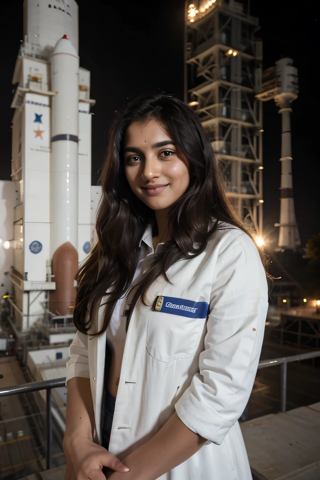 ((best quality)), ((masterpiece)), (detailed), 
A 21 year old beautiful Indian girl with long hair smiling face beautiful eyes wearing suit coat pant dark working in space research centre large telescope 🔭 rocket under making background leading ISRO full pic standing 