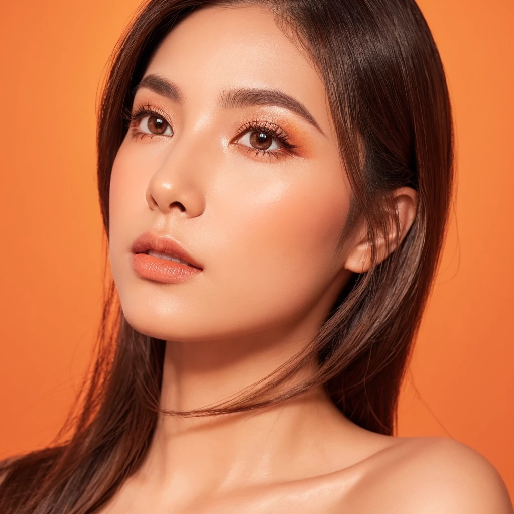 A close-up profile portrait of a Japanese woman in a studio setting, her face and gaze directed to her right (viewer's left). Her expertly styled hair complements her warm-toned makeup.
The makeup is centered around vibrant, orange-based tones:

Eyes: Her visible eye is adorned with a gradient of warm eyeshadows, ranging from a soft peach to a deeper burnt orange in the crease. A touch of shimmering gold highlights the inner corner and center of the lid. Her eyeliner is a rich bronze, softly smudged for a sultry effect.
Eyelashes: Voluminous and perfectly curled lashes are coated with deep brown mascara, adding depth and drama to her gaze.
Eyebrow: Her eyebrow is well-defined and filled with a warm brown shade that complements the orange tones of her makeup.
Cheeks: A coral-orange blush is applied to the apples of her cheeks, extending towards her temples for a sun-kissed glow.
Lips: Her lips are painted with a luscious orange-tinted lip color, perhaps a warm terracotta or a juicy tangerine shade. The finish is glossy, adding dimension and allure.

Her skin has a dewy finish, enhancing the warm, summery vibe of the makeup. The portrait stops at her shoulders, with no hands visible.
The studio lighting is warm and golden, further amplifying the orange tones of her makeup. It creates a soft, flattering glow on her skin and highlights the dimensional aspects of her eye makeup.
The background is a clean white, which allows the warm, orange-based makeup to pop and become the focal point of the image. There are no other elements in the background, ensuring all attention is on the subject and her vibrant makeup.