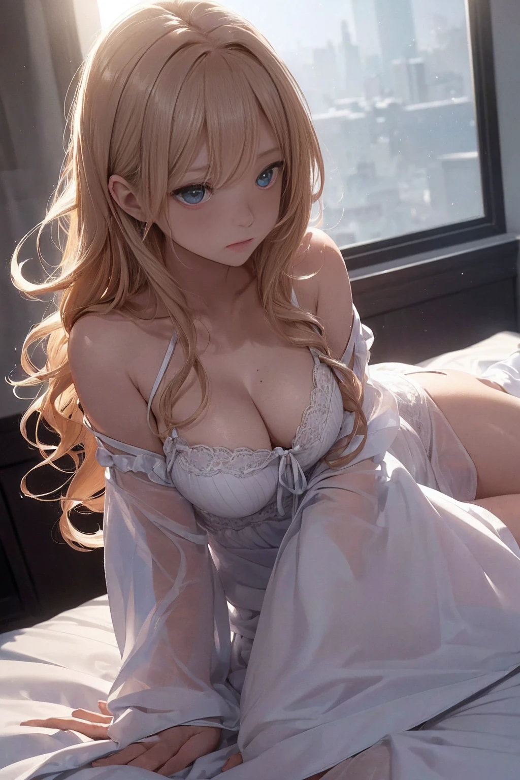 ((highest quality、High resolution))、unparalleled beauty、perfect body、beautiful ample breasts、Long blonde、bangs、embellished sexy dress、skirt、a sexually excited look、spread your legs wide、((POV、straddling、having sex))