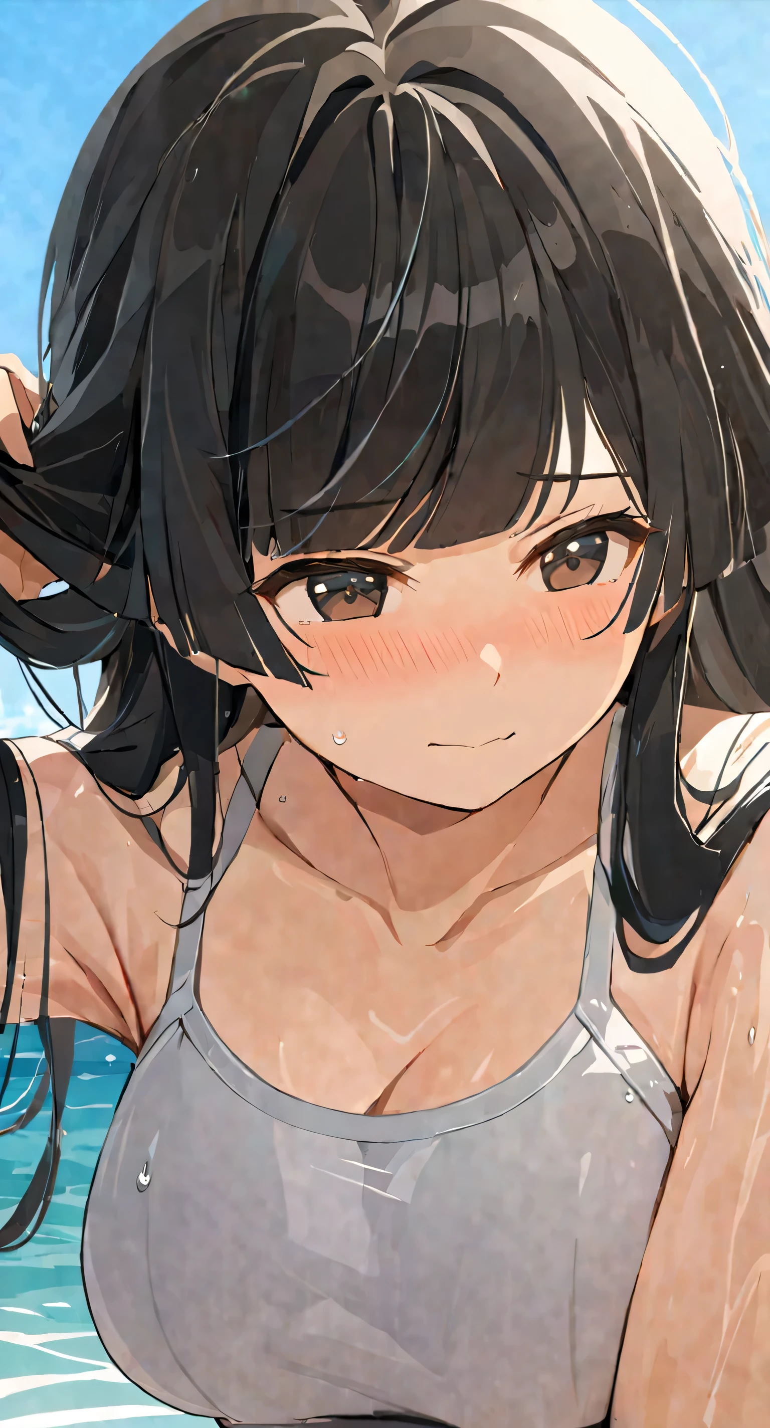 masterpiece,best quality, solo, eda, bangs, black hair, upper body,blue sky,cloud, shy expression, medium breast, hot, thicc, swimsuit , ocean, water, she is tying her hair, she is shy, embarrassed , she is embarrassed, dynamic pose, she is tying her hair, close shot, upper body, chubby