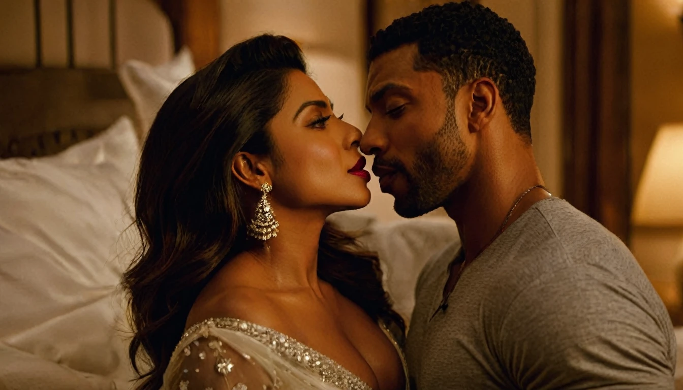 Priyanka Chopra and a handsome African American male whose facial features are a combo of Charles Michael Davis + Chiwetel Ejiofor + Christian Keyes share a steamy kiss inside a bedroom lit only by candlelight. Priyanka has lovely makeup on her face. Priyanka wears red lipstick. Nighttime. Romantic ambiance. Symmetrical eyes. Symmetrical faces. Lovely details. Photorealistic. Full-colored photo. Professional photo. Highly detailed 8K.