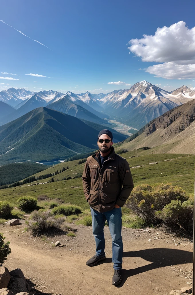 A man standing mountanious area show mountain view