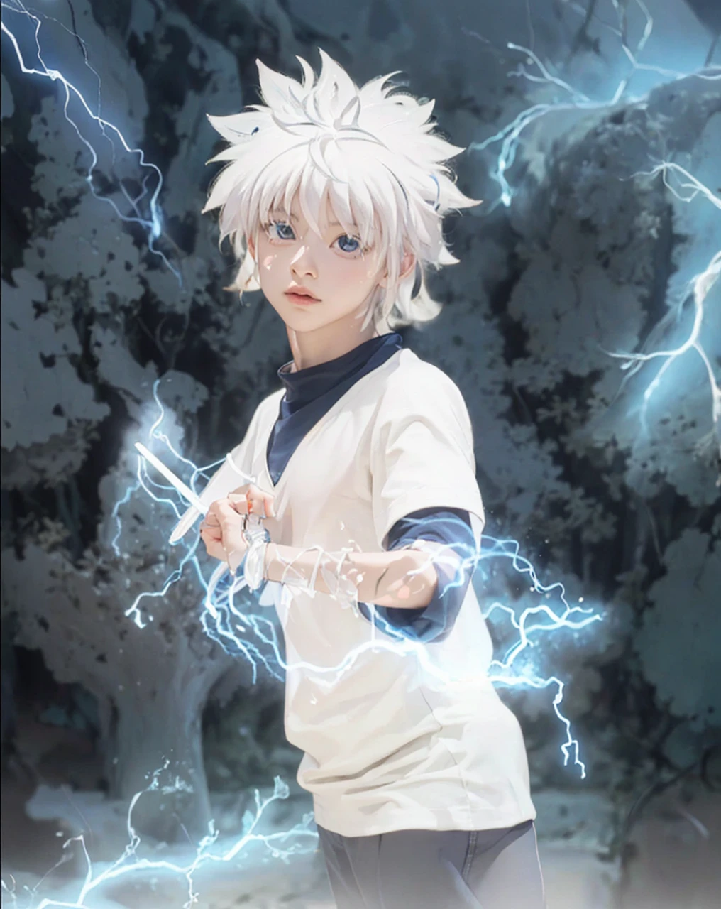 ( KILLUA_HUNTER X HUNTER),((realistic, photorealistic)),(highlight hair)), Light reflection, (( HD )),((upper body)), (((best quality, masterpiece))), (masterpiece) (best quality) (detail) (8k) (HDR) (wallpaper) (cinematic lighting) (sharp focuasterpiece, best quality: 1.1), Real life adaption of this character, realistic outfit, realistic shadow, realistic light, realism, hyper realistic, realistic background,realistic hair,(photorealistic:1.2), (masterpiece: 1.2), (best quality: 1.3), (clear details: 1.3), ((((ultra-detailed)))), ((detailed eyes)), (extremely detailed face:1.4), (highly detailed eyelash:1.6), highly detailed eyes, sharp details, high contrast, (shiny skin), 1boy, lightning, black_shorts,  white_hair, whole_body, white_background, simple_background, thick_outlines, blonde_hair, solo, standing, Stone wall background, blue lightning, blue glow, smoke,