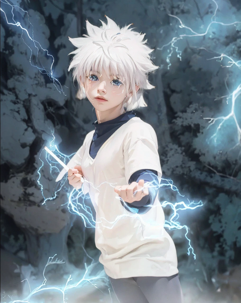 ( KILLUA_HUNTER X HUNTER),((realistic, photorealistic)),(highlight hair)), Light reflection, (( HD )),((upper body)), (((best quality, masterpiece))), (masterpiece) (best quality) (detail) (8k) (HDR) (wallpaper) (cinematic lighting) (sharp focuasterpiece, best quality: 1.1), Real life adaption of this character, realistic outfit, realistic shadow, realistic light, realism, hyper realistic, realistic background,realistic hair,(photorealistic:1.2), (masterpiece: 1.2), (best quality: 1.3), (clear details: 1.3), ((((ultra-detailed)))), ((detailed eyes)), (extremely detailed face:1.4), (highly detailed eyelash:1.6), highly detailed eyes, sharp details, high contrast, (shiny skin), 1boy, lightning, black_shorts, white_hair, whole_body, white_background, simple_background, thick_outlines, blonde_hair, solo, standing, Stone wall background, blue lightning, blue glow, smoke,