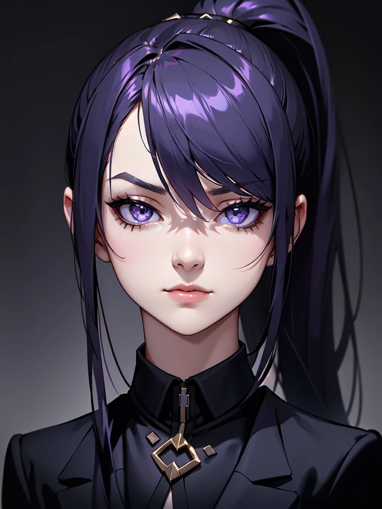 The image is an illustration of a Nude character, with a stylized look, typical of anime or manga. Here are some notable details: body hair: The character has long hair, tied in a high ponytail. Hair color is white with purple highlights. eyeballs: The eyes are purple, with a serious, penetrating gaze. Facial expression: The character displays a serious or perhaps slightly irritated expression, with visible scars on the face. Clothing: him/she is wearing a black turtleneck outfit, which appears to be simple and without many details. artistic style: The style is typical of Japanese animation, with clear lines and a striking use of contrasting colors (white and purple hair, purple in the eyes and black in the clothes). The background is gray and has no additional details., keeping the focus on the character.