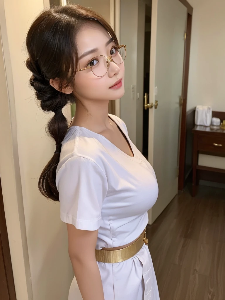 ((Highest quality, 8k, masterpiece: 1.3)), 1 girl, Side Shot: 1.2, Beautiful Burmese woman with slim abs: 1.3, (Casual Hairstyles,: 1.2), Big Breasts, Narrow waist, Nurse uniform, round gold rim glasses, indoor, Highly detailed face, Detailed eyes, double eyelid, whole body