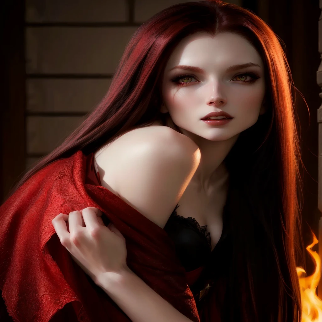 arafed woman with long red hair and a red dress, with pale skin, pale skin and dark eyes, dressed in a beautiful red cloak, artgerm moody photography, amouranth, with long hair and piercing eyes, beautiful female vampire, beautiful sorceress, portrait of beautiful vampire, sultry expression, a beautiful sorceress, soft pale white skinpale skin, vampire, singing, fantasy art,epic portrait illustration, cinematic realistic , feeding at night , portrait, realistic digital art 4 k, realistic digital art 4k, cinematic digital painting, ultra realistic concept art, very detailed digital painting, 4k concept art and hyper realism, cyberpunk art ultrarealistic 8k, emotional concept art, vampire