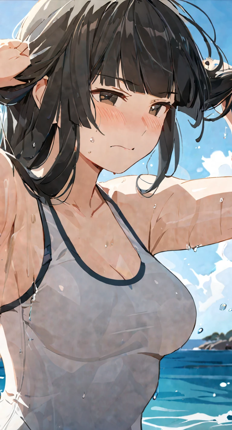 masterpiece,best quality, solo, eda, bangs, black hair, upper body,blue sky,cloud, shy expression, medium breast, hot, thicc, swimsuit , ocean, water, she is tying her hair, she is shy, embarrassed , she is embarrassed, dynamic pose, she is tying her hair, close shot, upper body, chubby, dynamic pose