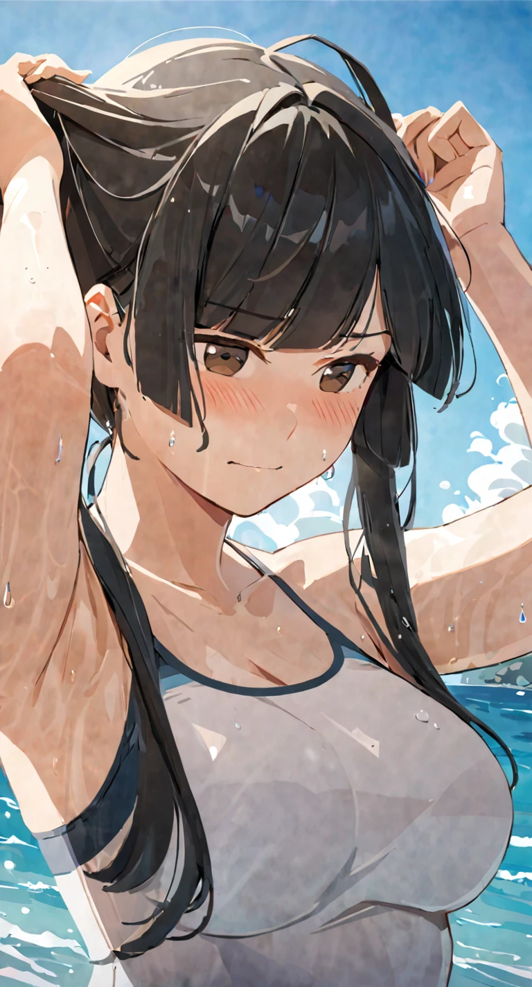 masterpiece,best quality, solo, eda, bangs, black hair, upper body,blue sky,cloud, shy expression, medium breast, hot, thicc, swimsuit , ocean, water, she is tying her hair, she is shy, embarrassed , she is embarrassed, dynamic pose, she is tying her hair, close shot, upper body, chubby, dynamic pose