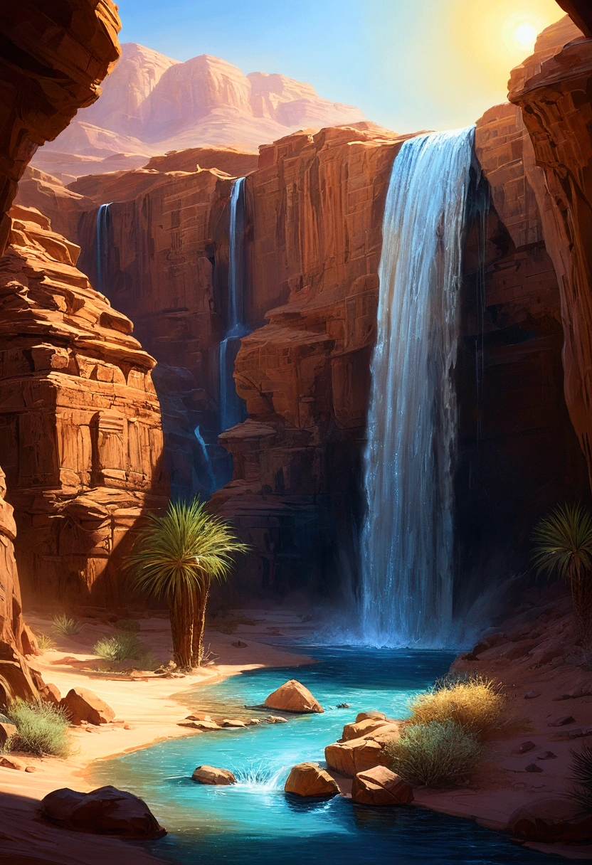 Landscape painting,Desert and waterfall,High-definition, detailed depiction,Amazing view,Mysterious light and sparkle.