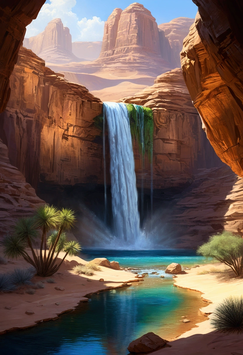 Landscape painting，Desert and waterfall，High-definition, detailed depiction，Amazing view，Mysterious light and sparkle．