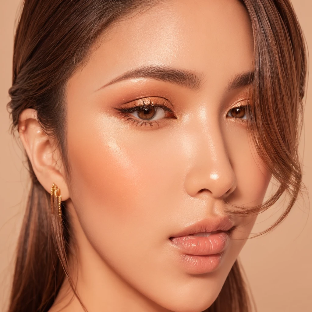 A close-up profile portrait of a Japanese woman in a studio setting, her face and gaze directed to her right (viewer's left). Her expertly styled hair complements her warm-toned makeup.
The makeup is centered around vibrant, orange-based tones:

Eyes: Her visible eye is adorned with a gradient of warm eyeshadows, ranging from a soft peach to a deeper burnt orange in the crease. A touch of shimmering gold highlights the inner corner and center of the lid. Her eyeliner is a rich bronze, softly smudged for a sultry effect.
Eyelashes: Voluminous and perfectly curled lashes are coated with deep brown mascara, adding depth and drama to her gaze.
Eyebrow: Her eyebrow is well-defined and filled with a warm brown shade that complements the orange tones of her makeup.
Cheeks: A coral-orange blush is applied to the apples of her cheeks, extending towards her temples for a sun-kissed glow.
Lips: Her lips are painted with a luscious orange-tinted lip color, perhaps a warm terracotta or a juicy tangerine shade. The finish is glossy, adding dimension and allure.

Her skin has a dewy finish, enhancing the warm, summery vibe of the makeup. The portrait stops at her shoulders, with no hands visible.
The studio lighting is warm and golden, further amplifying the orange tones of her makeup. It creates a soft, flattering glow on her skin and highlights the dimensional aspects of her eye makeup.
The background is a clean white, which allows the warm, orange-based makeup to pop and become the focal point of the image. There are no other elements in the background, ensuring all attention is on the subject and her vibrant makeup.