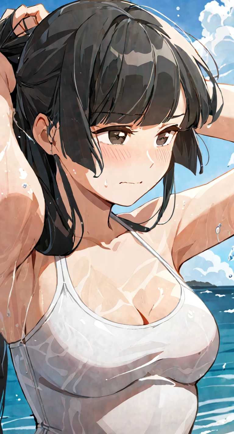 masterpiece,best quality, solo, eda, bangs, black hair, upper body,blue sky,cloud, shy expression, medium breast, hot, thicc, swimsuit , ocean, water, she is tying her hair, she is shy, embarrassed , she is embarrassed, dynamic pose, she is tying her hair, close shot, upper body, chubby