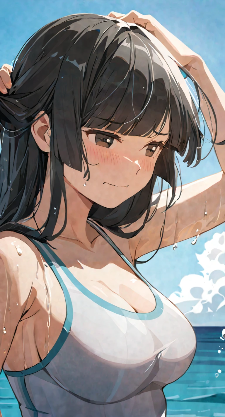 masterpiece,best quality, solo, eda, bangs, black hair, upper body,blue sky,cloud, shy expression, medium breast, hot, thicc, swimsuit , ocean, water, she is tying her hair, she is shy, embarrassed , she is embarrassed, dynamic pose, she is tying her hair, close shot, upper body, chubby