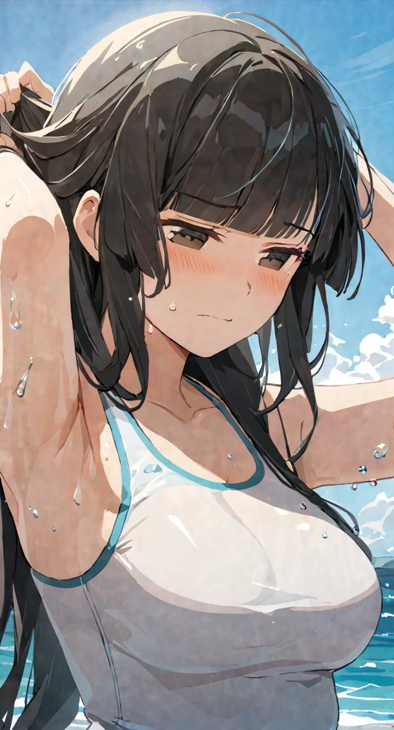 masterpiece,best quality, solo, eda, bangs, black hair, upper body,blue sky,cloud, shy expression, medium breast, hot, thicc, swimsuit , ocean, water, she is tying her hair, she is shy, embarrassed , she is embarrassed, dynamic pose, she is tying her hair, close shot, upper body, chubby