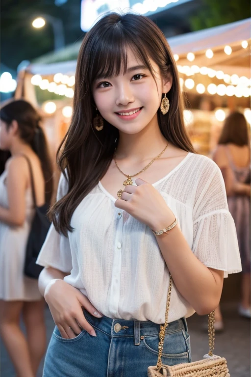 ((Highest quality)), ((masterpiece)), (detailed), Three Girls,Summer clothes、chatting、Childish smile、Simple Necklace 、stall、night market、Don't look at me.