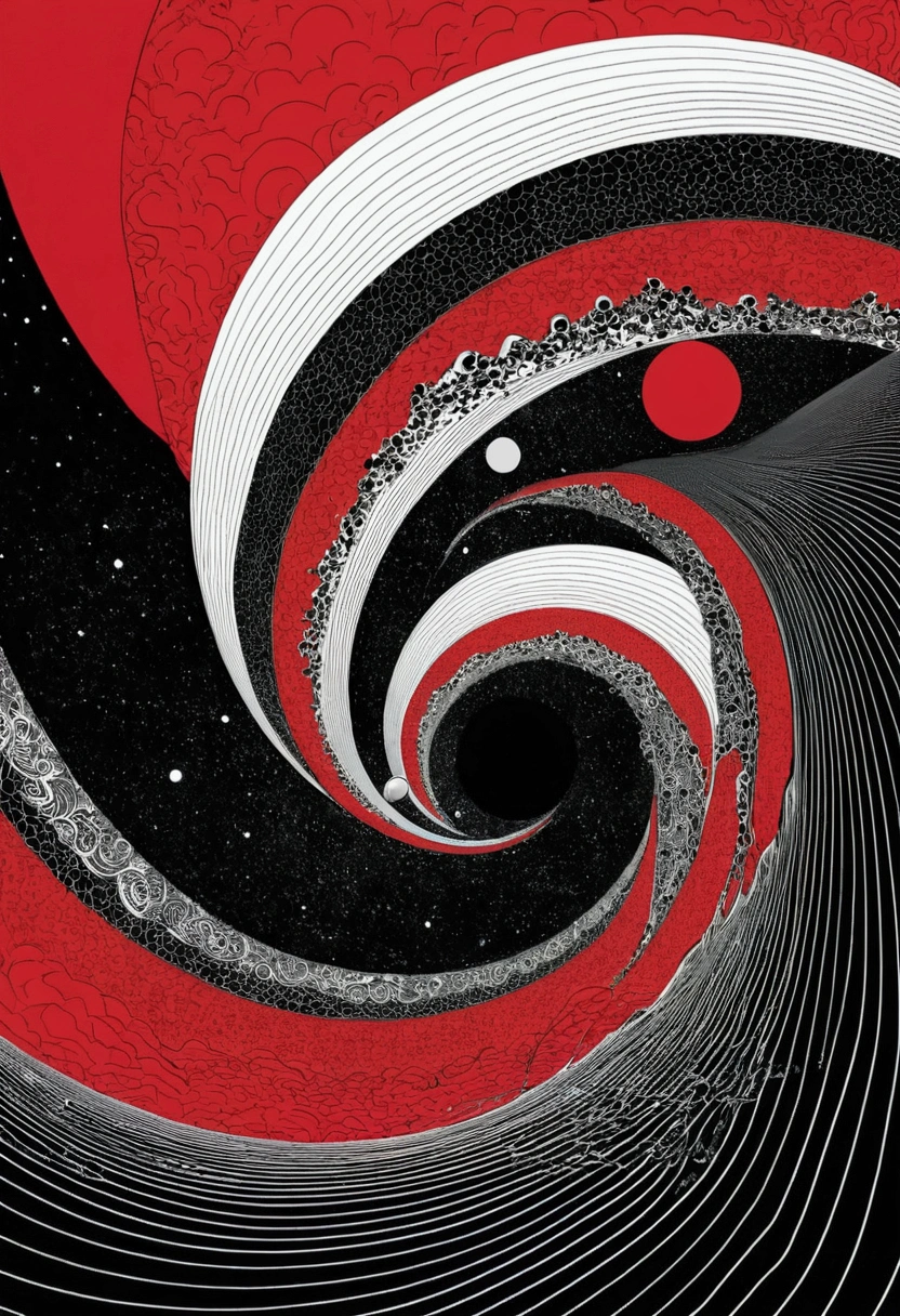 Noise sound waves destroy the entire universe,Simple background,Detailed asymmetrical psychedelic composition,Award-winning science fiction,Red, black and white waves and psychedelic feeling,author:mobiles,old cover