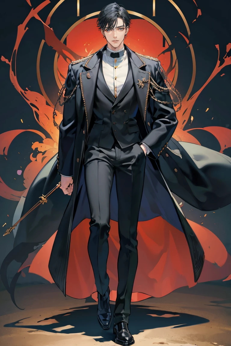 (masterpiece), best quality, seductive eyes, perfect face, handsome man, black eyes, long slicked back black hair, long nose, tan brown skin, black coat, black fitted pants, extremely tall man, long legs, long calves, full body, tall man, long legs, anime cover, 1boy, ear piercings, hands in pockets, adult-like look, cafe background