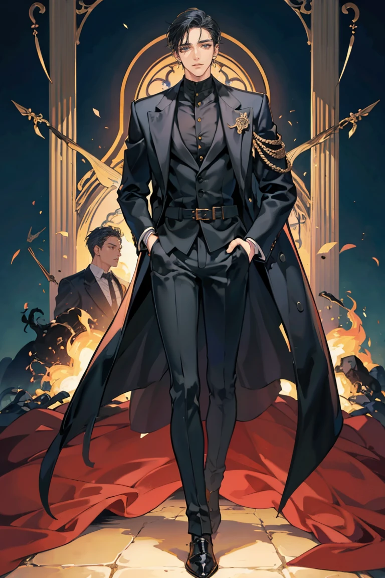 (masterpiece), best quality, seductive eyes, perfect face, handsome man, black eyes, long slicked back black hair, long nose, tan brown skin, black coat, black fitted pants, extremely tall man, long legs, long calves, full body, tall man, long legs, anime cover, 1boy, ear piercings, hands in pockets, adult-like look, cafe background