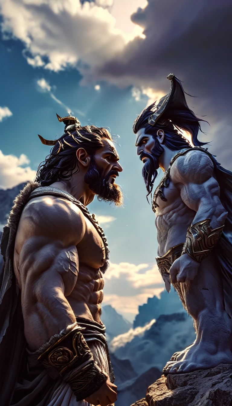 Closeup of two men with different faces and dark background, battle between good and evil, epic digital art illustration by Roman Bezpalkiv, Greek mythology digital painting, by Hristofor Žefarović, muscular characters, godlike and stoic, good and evil, Battle, Dreamy Smoke, by Aleksander Kotsis, Symmetrical Epic Fantasy Art