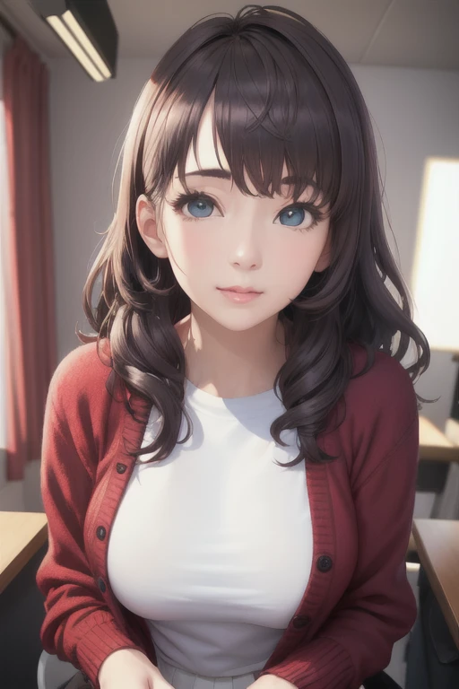 girl,Character design sheet,Beautiful attention to detail,Beautiful lip detail,Very detailed目と顔,Long eyelashes,Realistic,photoRealistic:1.37,Very detailed,Professional,Vibrant colors,Portraiture,Studio Lighting,Sharp focus,Physically Based Rendering,High resolution,超High resolution. blue eyes,Big eyes, Long Hair,Curly hair、Black Hair,Red cheeks,Droopy eyes,Small breasts,Jacket,Red cardigan,White T-shirt,White long skirt,Subjective hand,Holding hands