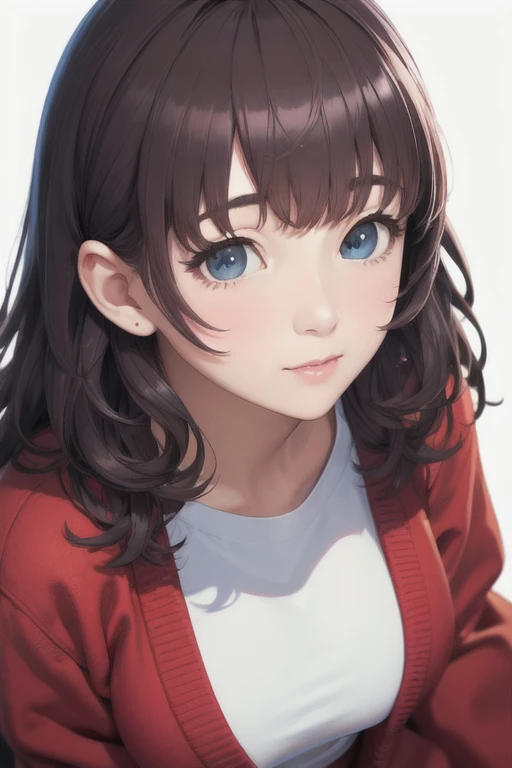 girl,Character design sheet,Beautiful attention to detail,Beautiful lip detail,Very detailed目と顔,Long eyelashes,Realistic,photoRealistic:1.37,Very detailed,Professional,Vibrant colors,Portraiture,Studio Lighting,Sharp focus,Physically Based Rendering,High resolution,超High resolution. blue eyes,Big eyes， Long Hair，Curly hair、Black Hair，Red cheeks，Droopy eyes，Large Breasts，Jacket，Red cardigan，inner，White T-shirt，Small waist，White long skirt，