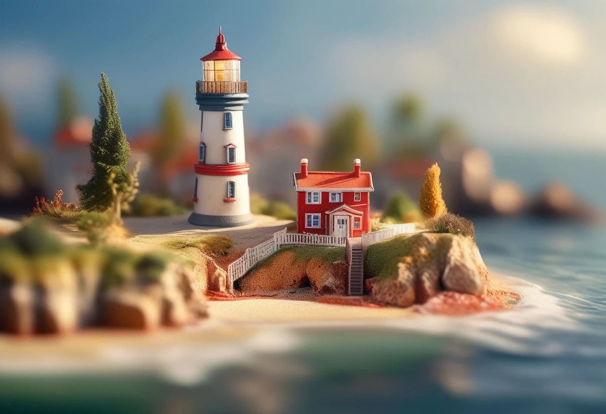 a miniature model of a lighthouse on a small island, a tilt shift photo, by Alexey Venetsianov, polycount contest winner, photorealism, sunlight and whimsical houses, beautiful art uhd 4 k, mediterranean fisher village, thomas kincade