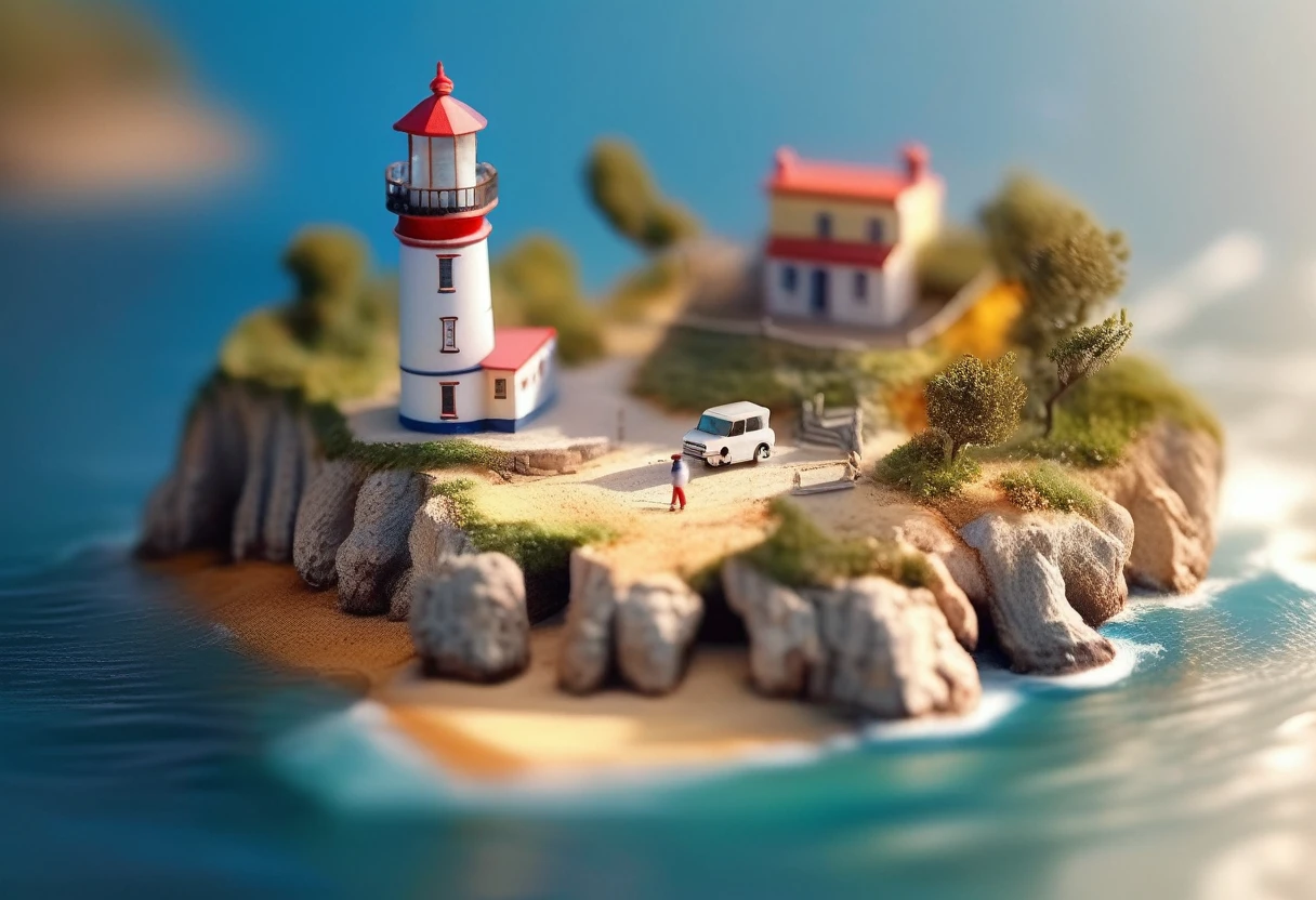 a miniature model of a lighthouse on a small island, a tilt shift photo, by Alexey Venetsianov, polycount contest winner, photorealism, sunlight and whimsical houses, beautiful art uhd 4 k, mediterranean fisher village, thomas kincade