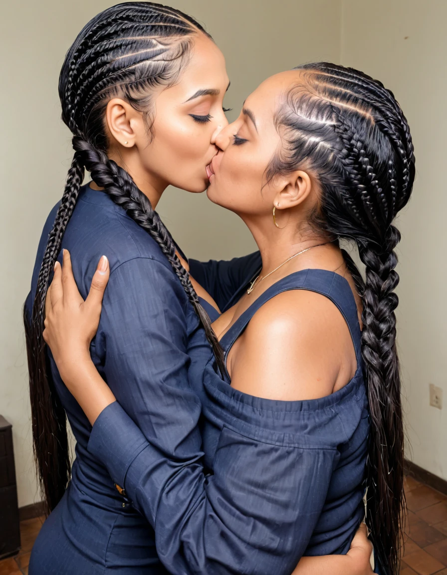 (Masterpiece),(8K),(High Quality),(Shot taken from 4 meters distance),(fullbody),Two 70 years old indian grandmas,wild kissing each other,peeing,aged breast out,granny vigina out,granny breast out,tongue pull out,wild kissing,gray black ultimate heavy oiled hairs,10 liters of hair oil dreched in hairs,slick combed,styled in cornrow braided hairs,10 feet long braids,wet with oil hairs,combed hair lines visible,scalp between braids visible.