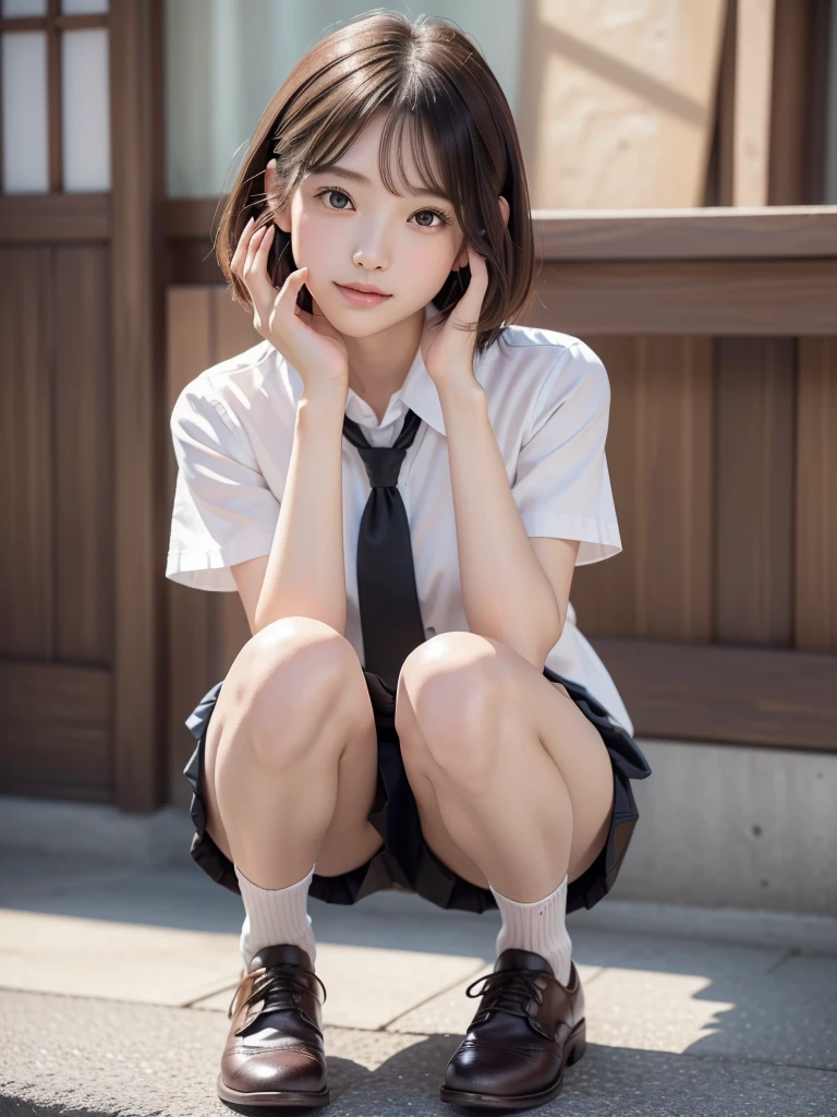 in 8K,top-quality,Real Image,intricate detailes,超A high resolution,Depth Field,masuter piece,natural soft light,profetional lighting,1 girl in,(cute little:1.2),an extremely beautiful 17-year-old girl,A detailed eye,((Brown-eyed)),(Brown hair),(short-haired),(bangslawless skin,shinny skin,fair white skin,Fine skin,large full breasts,((perfect anatomia,nice hand,perfect hand,Five fingers connected to the palm of the hand,accurate hands without incongruity)),Perfect raw legs,delicate legs,perfectly proportions,A sexy,Chest visible,((Japan uniform)),((School Uniforms mini Skirt)),(neck tie),Black socks,Chano Leather Shoes,Squatting deep in the city,The crotch visible,Show me your panties around town,both legs are bent,The legs are spread in an M shape,,I can see panties,Delicate thighs visible from the front