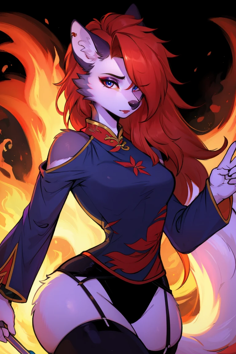 Wolf_girl,Beautiful figure,Height 193 cm,Flame Spirit, Long flowing red hair, Eye闪着红光,close_up, (Fire red cheongsam:1.2),淡淡的Smile, Mature body,masterpiece,best quality,Official Art,illustration,Clear lines,(Cool_color),Perfect composition,ridiculous,fantasy,detailed_Eye,leggings,Fluffy_fur,rings,Upper Body,garter,颈garter,(perfect eye:1.5),Smile,(front:1.5),(Hair:1.5),Long eyelashes,Flowing Chiffon,Well-proportioned body,Perfectly detailed facial features,masterpiece, best quality, Ultra-high quality, ridiculous细节,(best quality,4K,8K,high resolution,masterpiece:1.2),ultra-detailed