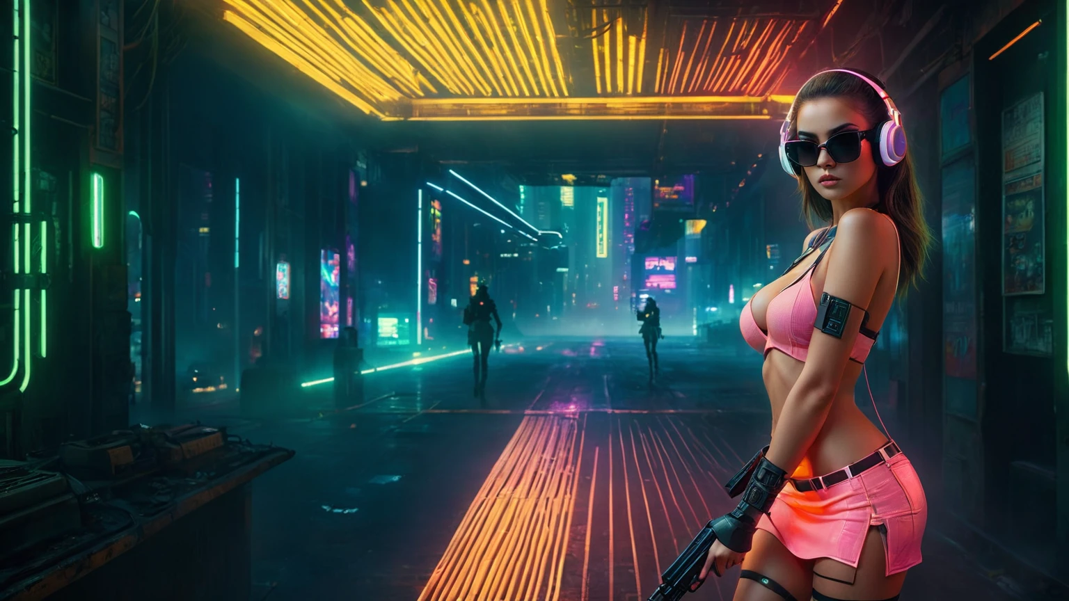 dark futuristic landscape, at night, neon lights, Atmospheric fog, large buildings in the background, futuristic city, streets with open shops, skyscraper (postapocalyptic city:1.3). (((1girl, solo, alone))), large-breast:1.2 slim body, cleavage:1.1, sexy miniskirt, (((headphone, black sunglasses, standing and holding pistol pose))), (((half-body thigh level medium shot))), cinematic lighting, lens flare, ray tracing.