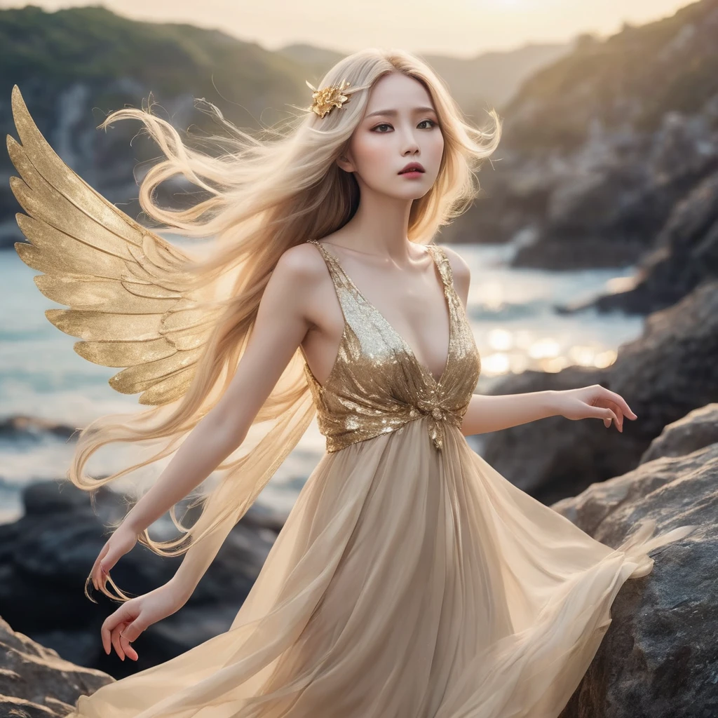 Beautiful Goddess、woman with mysterious look、Feminine Style、Golden eye colour、Golden dress fluttering in the wind、Long milky beige hair fluttering in the wind、Women are shining、Glittering hair accessories、White big wings fantastic、glittering accessories、The moment when I landed on the rocks from the sky、Dazzling Light、