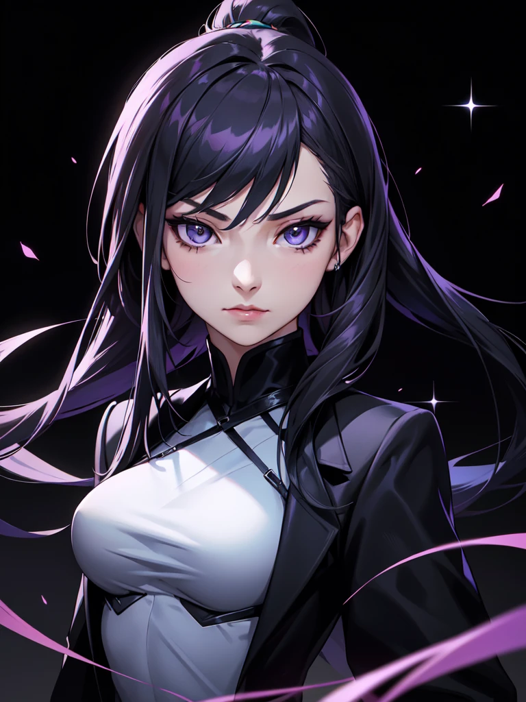 (((Portrait Photo))), She has a Small and Youthful 15-Year-Old Appearance, with a Slender Build, a Slim Figure, and a Volatile Demeanor. She has Long, Straight, Dark Blue Ombre Hair, Styled in a High Ponytail, with Strands Falling Around Her Face. Her Lilac Eyes Sparkle with Determination, Giving Off a Stern Attitude. She Wears a  Consisting of a Tight-fitting Black Shirt, High-waisted Black Pants, and a Black Blazer. (((High Quality, Dark Background))), (((Portrait Photo)))