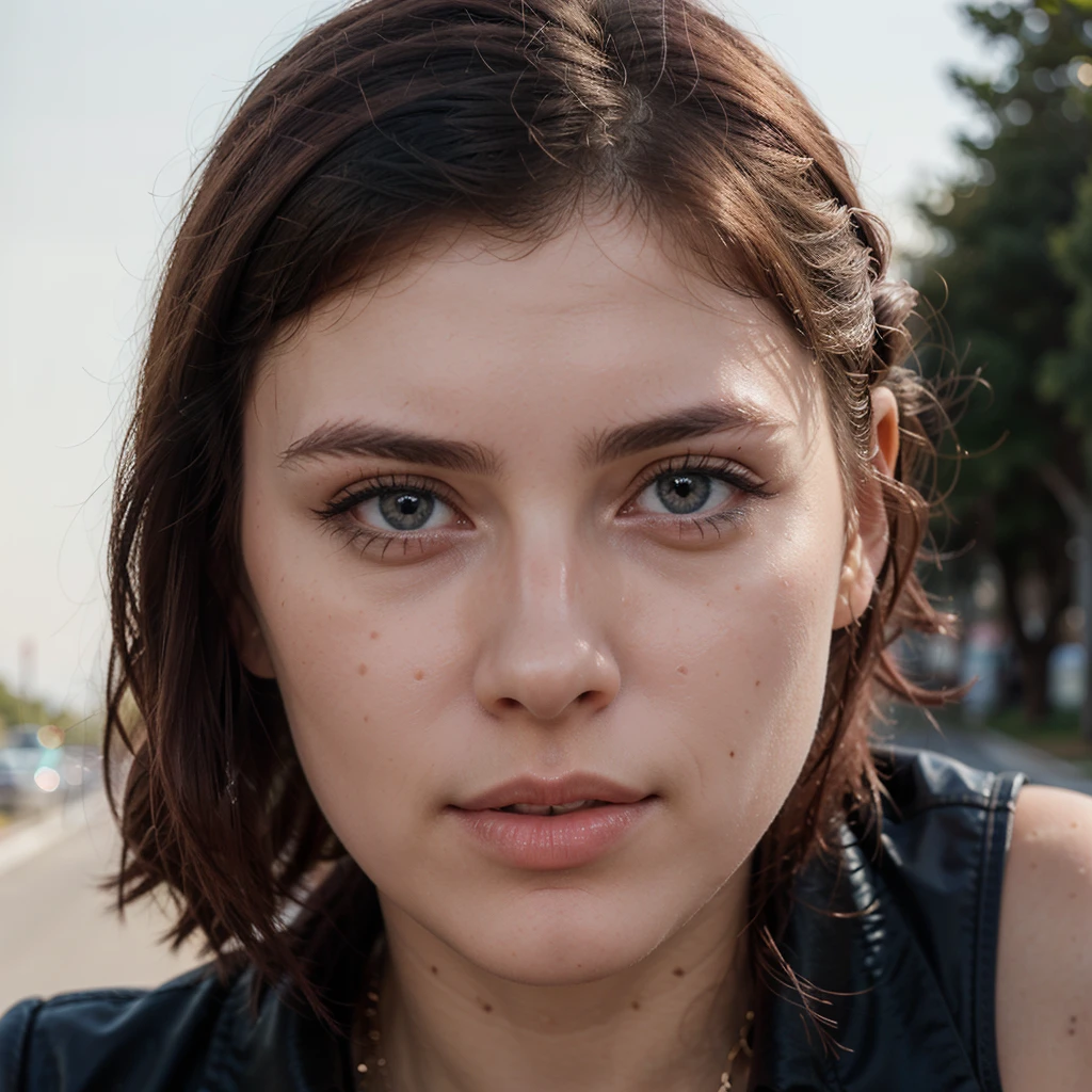 A photorealistic portrait of an 22-year-old Russian girles confidently into the distance with striking pink hair, piercing blue eyes, and a, fashionable outfit. The image should be a close-up shot, focusing on her unique features, 8k hdr, high detailed, with subtle hints of her Brazilian heritage incorporated in the background.