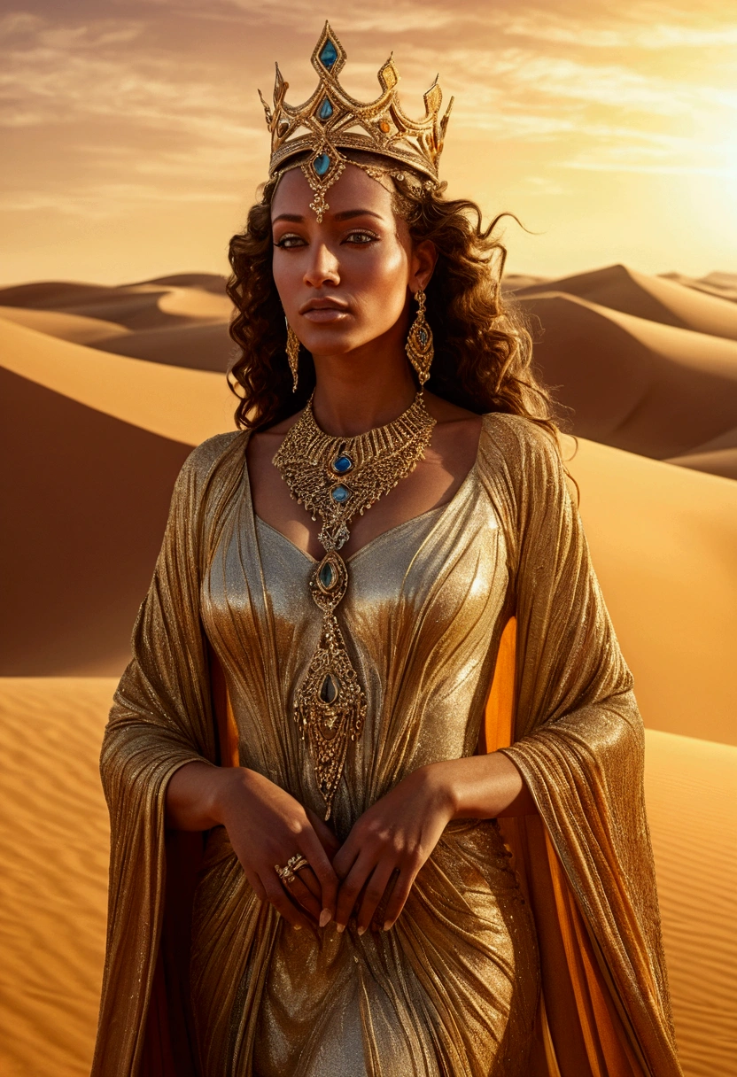 A beautiful queen of Sands, desert oasis, intricate golden jewelry, long flowing robes, graceful posing, piercing eyes, detailed facial features, jewel-encrusted crown, shimmering sand dunes, warm desert sun, atmospheric lighting, cinematic composition, rich color palette, hyper-realistic, 8k, intricate details, award winning digital art