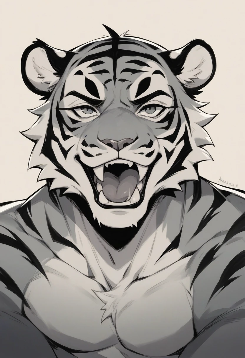 Rabid tiger with mouth open and its prey biting
