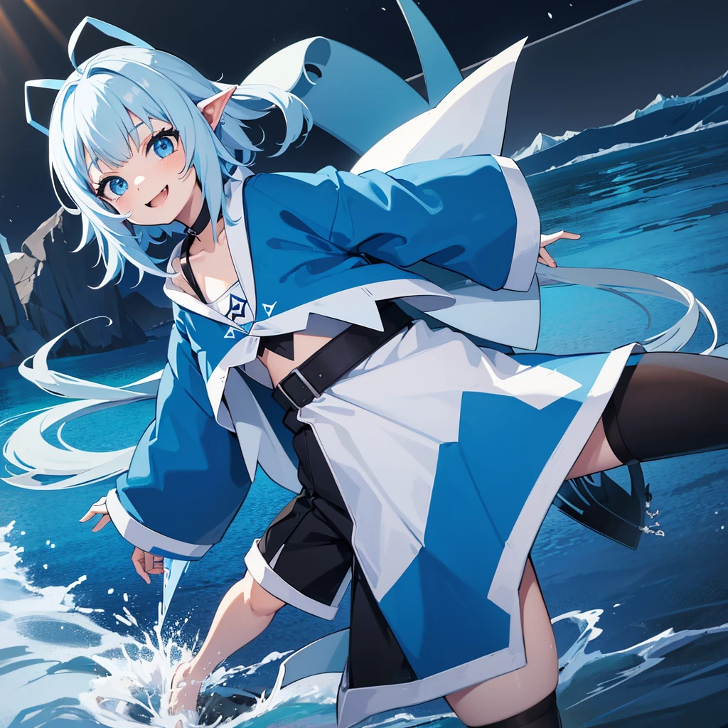 Gawr gura from hololive, wearing a blue super oversized hoodie, blue shark tail, 4k, flat chest,  girl, standing, super cute, smiling, MeinaMix, white and blue hair at the and of the tip, holding a blue trident, big shark mouth design hoodie, , kid