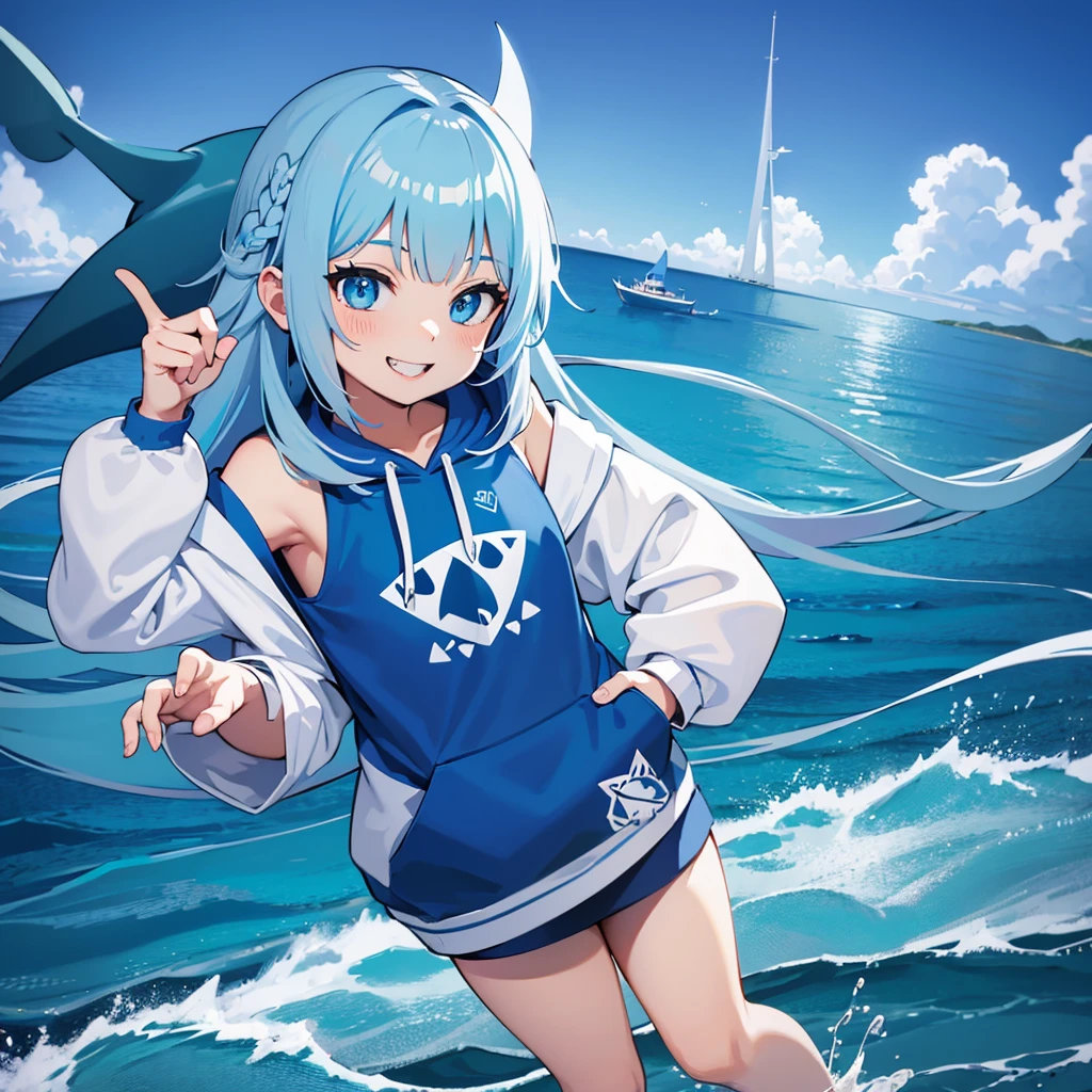 Gawr gura from hololive, wearing a blue super oversized hoodie, blue shark tail, 4k, flat chest, small girl, standing, super cute, smiling, MeinaMix, white and blue hair at the and of the tip, holding a blue trident, big shark mouth design hoodie, , kid