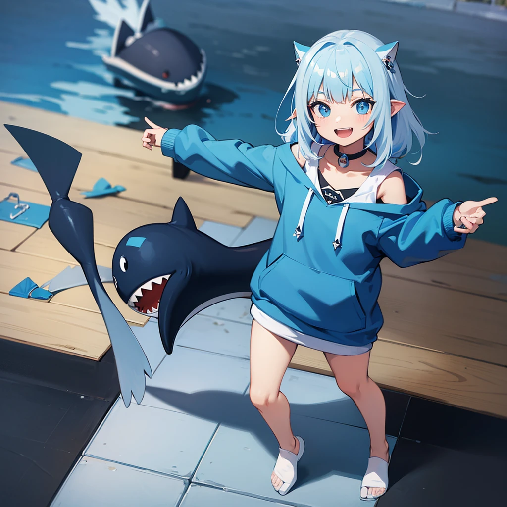 Gawr gura from hololive, wearing a blue super oversized hoodie, blue shark tail, 4k, flat chest, small girl, standing, super cute, smiling, MeinaMix, white and blue hair at the and of the tip, holding a blue trident, big shark mouth design hoodie, , ???