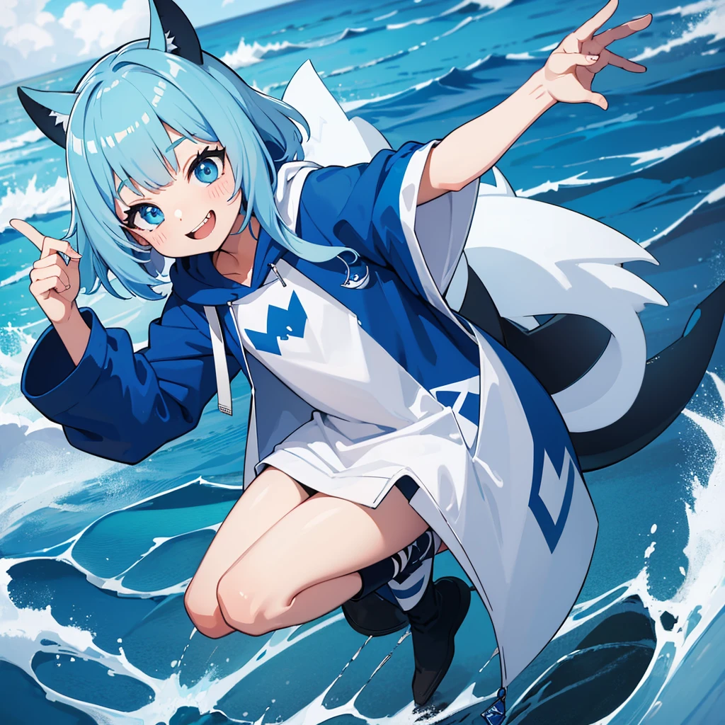 Gawr gura from hololive, wearing a blue super oversized hoodie, blue shark tail, 4k, flat chest, small girl, standing, super cute, smiling, MeinaMix, white and blue hair at the and of the tip, holding a blue trident, big shark mouth design hoodie, , kid