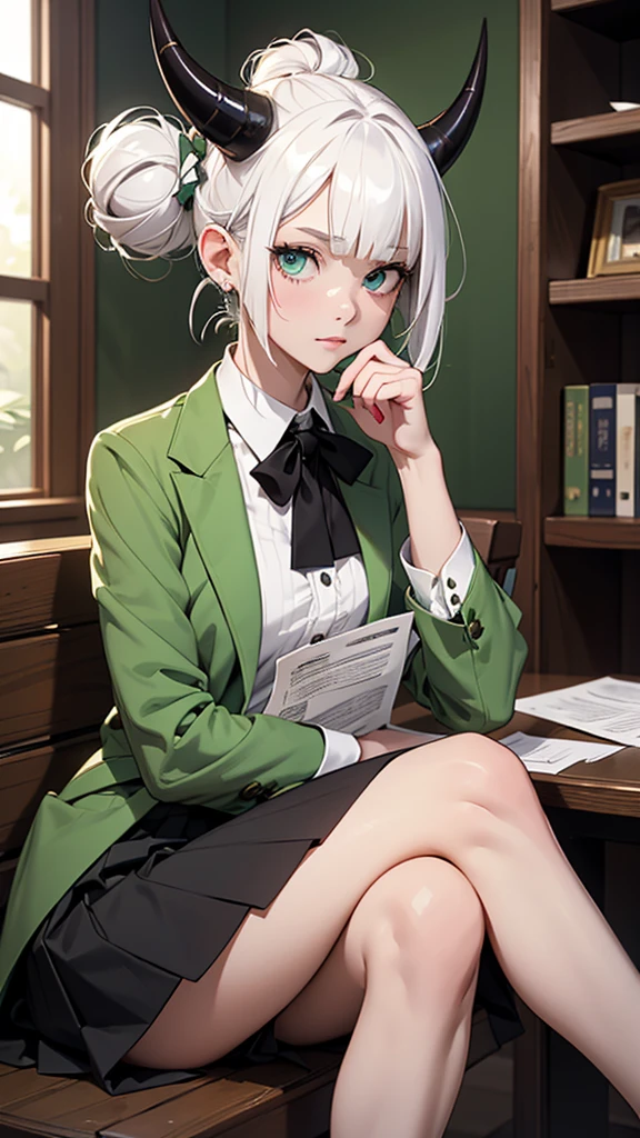 Her hair is white and styled into a bun, having two small clips on the right side bangs. She has a pair of  on her head, her right horn appearing to be broken or snapped off. On her left horn, she has a piece of paper with a triangle crossed through by two lines on it. On her cheek sits a monocle, and her eyes appear to be slightly obscured by her long bangs.
She sports a green suit with two buttons, a collared shirt, a bow, and a long black skirt. Although her skin is pale white, her hands and legs are both black, and her feet are pointed. long skirt

