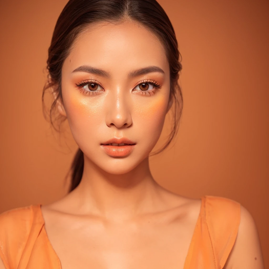 ain't sorry。The background is not white.。Adjust the background、We will change the background to better suit your makeup and overall atmosphere.。Here is the modified prompt:：
**A close-up profile portrait of a Japanese woman in a studio setting, her face and gaze directed to her right (viewer's left). Her expertly styled hair complements her warm-toned, orange-based makeup.
Makeup details:

eyes: Gradient of warm eyeshadows from soft peach to burnt orange, with shimmering gold highlights.
Eyelashes: Voluminous and curled, coated with deep brown mascara.
Eyebrow: Well-defined, filled with a warm brown shade.
Cheeks: Coral-orange blush for a sun-kissed glow.
Lips: Luscious orange-tinted color, perhaps terracotta or tangerine, with a glossy finish.

Her skin has a dewy finish, enhancing the warm, summery vibe. The portrait stops at her shoulders.
The studio lighting is warm and golden, amplifying the orange tones of her makeup and creating a soft, flattering glow on her skin.
The background is a soft, warm gradient. It transitions from a light, peachy tone at the top to a deeper, more saturated orange-gold at the bottom. This background complements the model's makeup and adds depth to the image without overpowering the subject. The gradient is smooth and even, with no distinct elements or patterns, ensuring the focus remains on the woman and her vibrant makeup.