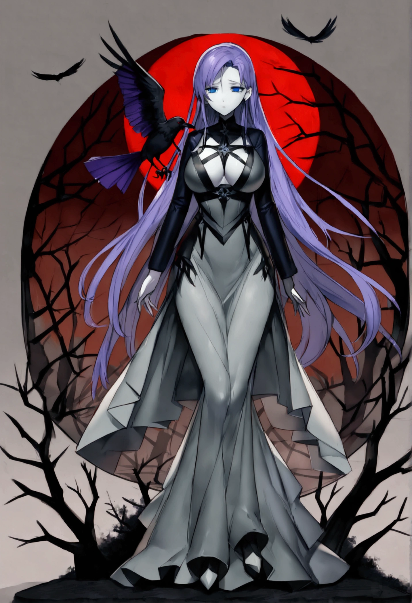 長い髪のbeautifulアニメ風の美女, (((Purple-blue hair)))Long Hair,(((Highest quality)))Transparent Hair,Face of Sadness,(((blue eyes)))A beautiful woman filled with sorrow,(((Perfect figure)))Big Breasts,(((Black and grey radical dress))),(((Radical Clergy)))Chaotic clothes,Rosary(((beautiful)))Pale skin,(((Glossy feel)))Full Body Shot,Crow,(((background)))dead tree,fog,Red Moon,Mysterious flower,Graveyard of Darkness。