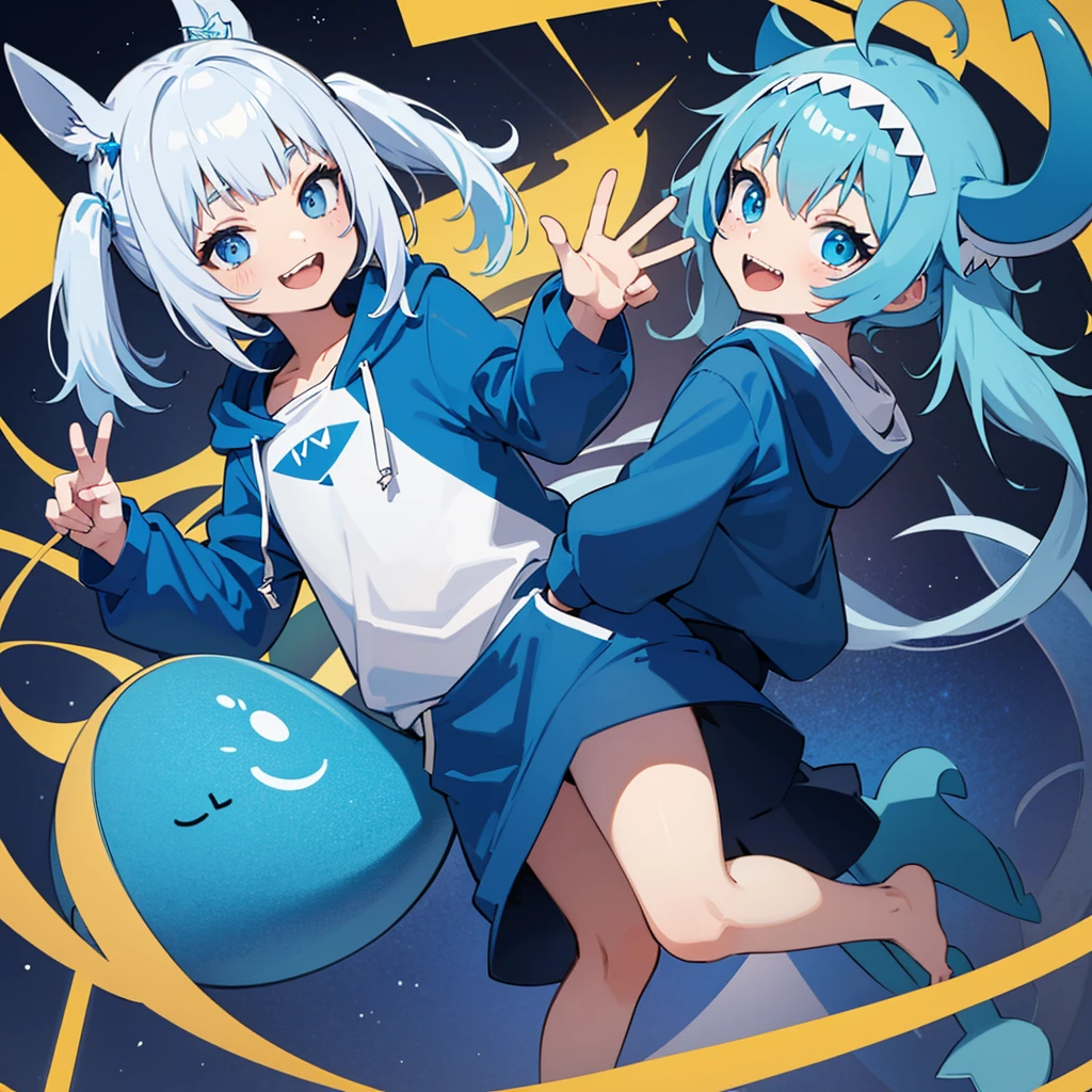 Gawr gura from hololive, wearing a blue super oversized hoodie, blue shark tail, 4k, flat chest, small girl, standing, super cute, smiling, MeinaMix, white and blue hair at the and of the tip, holding a blue trident, big shark mouth design hoodie, , kid